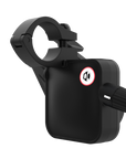 Black bike handlebar mount with a logo on a white background