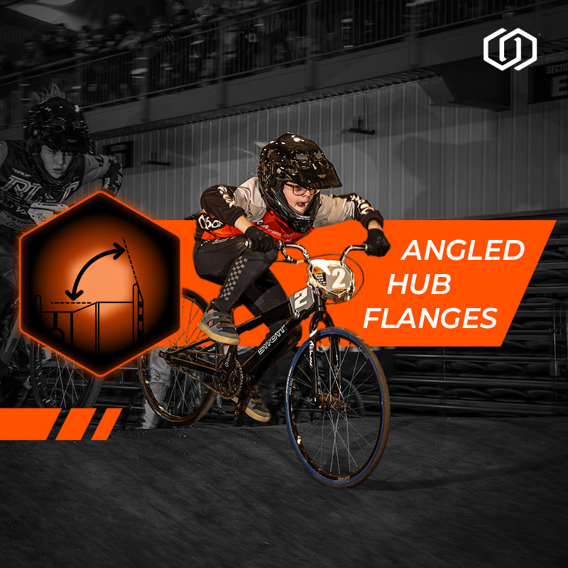 Biker performing a trick with 'Angled Hub Flanges' graphic on an indoor track.
