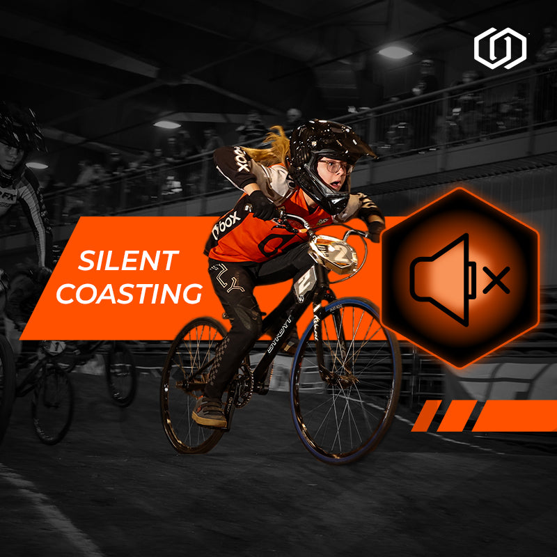 Biker in action with 'Silent Coasting' text and logo in a dark indoor setting