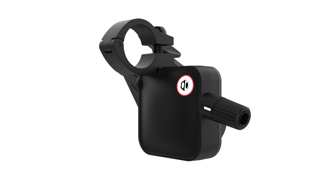 Black bike handlebar mount with a logo on a white background