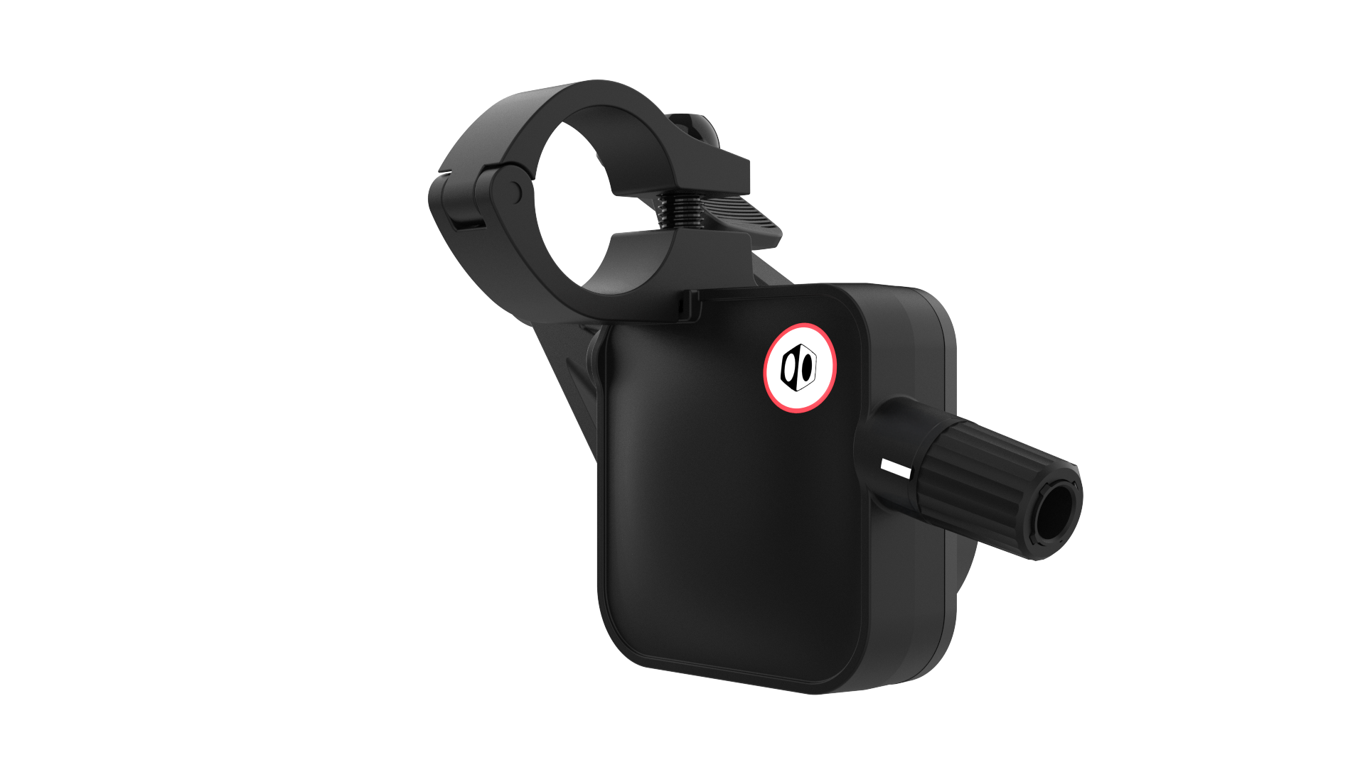 Black bike handlebar mount with a logo on a white background
