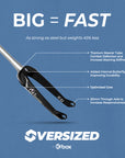 Versized bicycle fork with features highlighted on a blue background