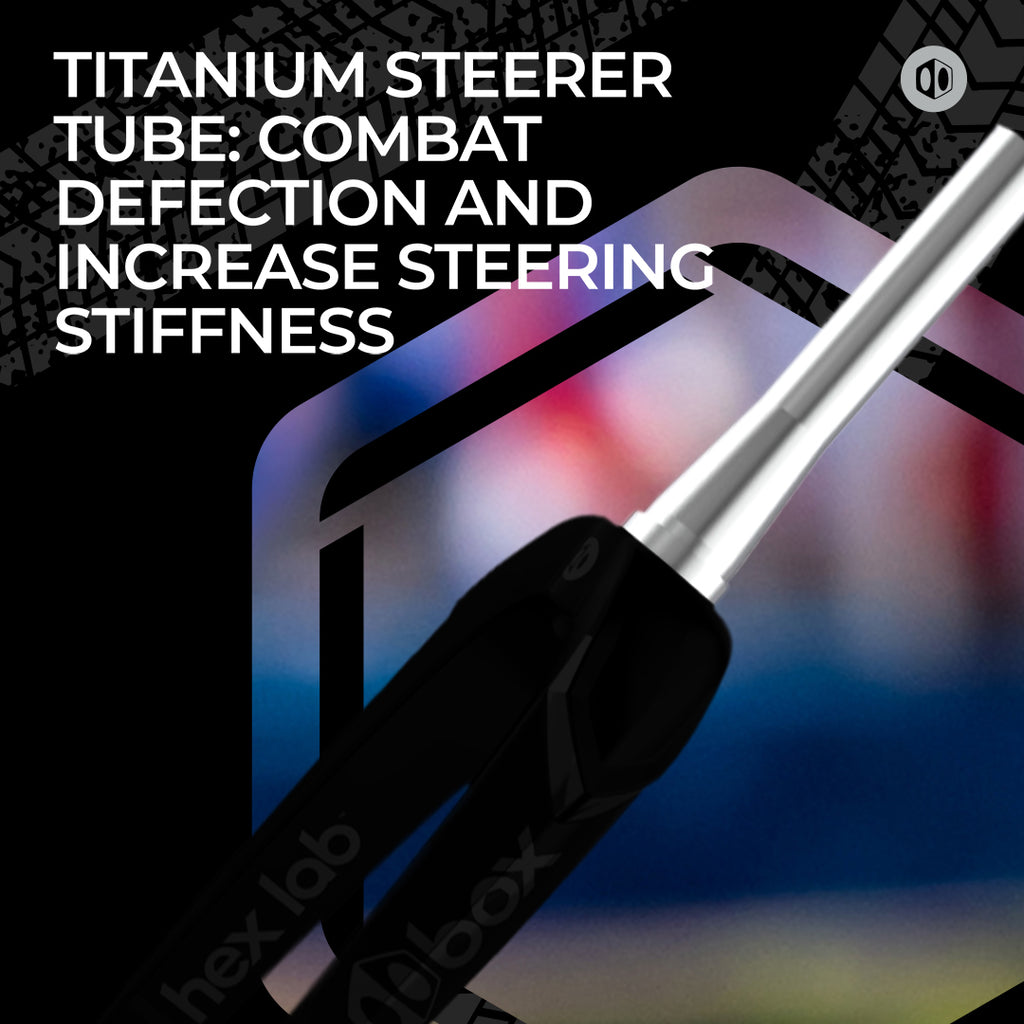 Titanium steerer tube with text on a blurred background