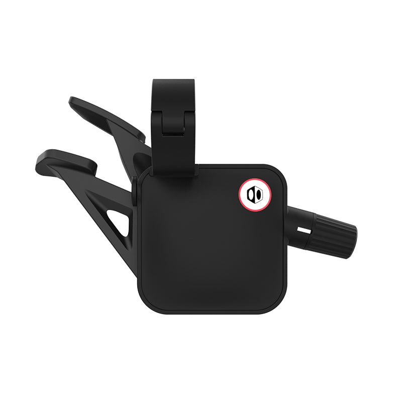 Black bike shift lever with a brand logo on a white background